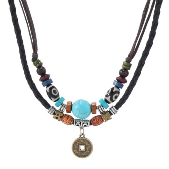 Layered Boho Wood Beads Choker Necklace Adjustable Hemp Cords Retro Fashion - Picture 2 of 8